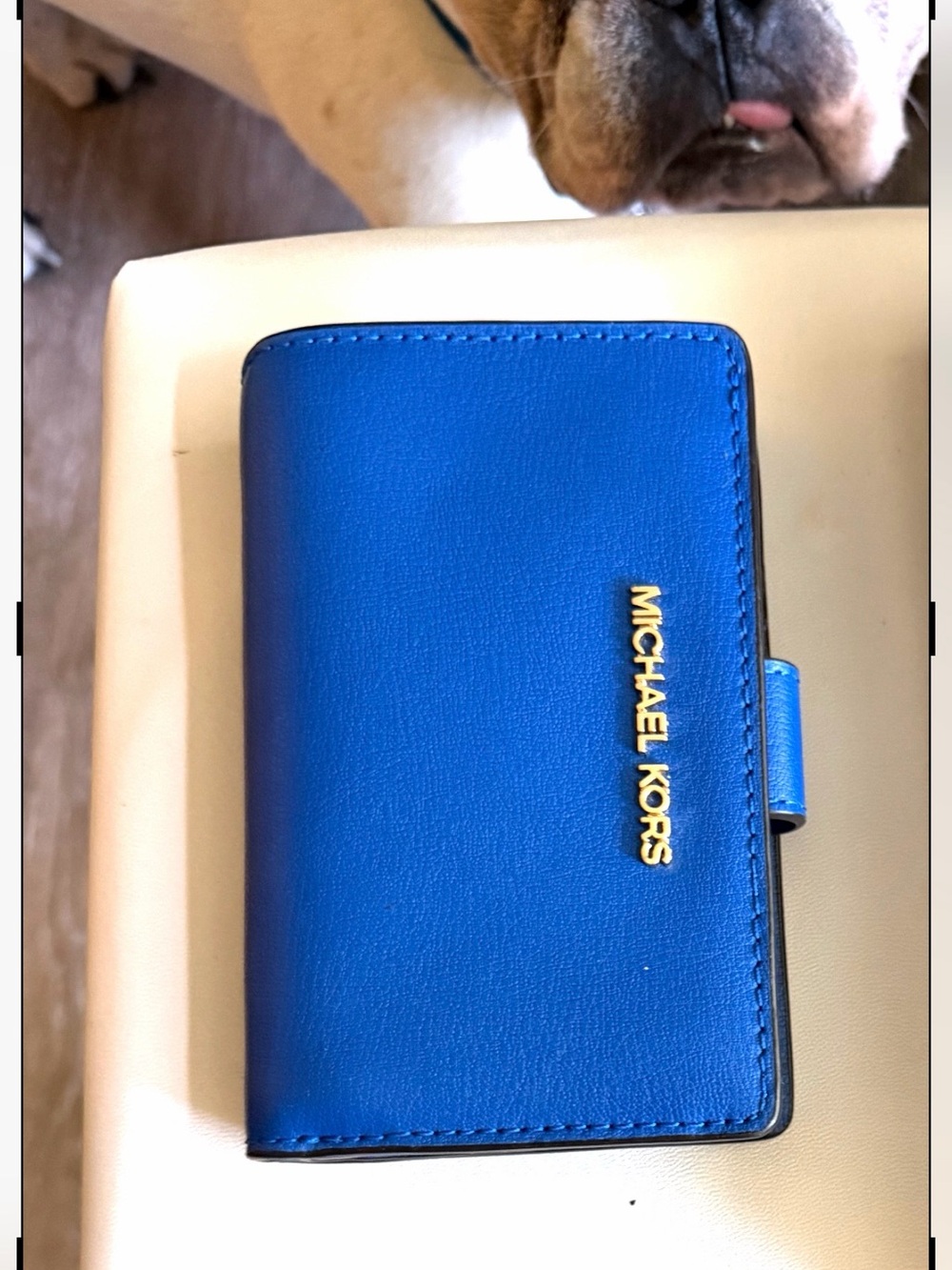 Michael Kors Vibrant Blue Leather Phone Wallet with Gold Logo